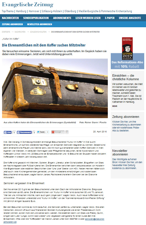 Howe-Fiedler-Stifung in: Evangelische Zeitung - 20. April 2016 - Die Ehrenamtlichen mit dem Koffer suchen Mitstreiter Howe-Fiedler-Stifung in: Evangelische Zeitung - 20. April 2016 - Die Ehrenamtlichen mit dem Koffer suchen Mitstreiter