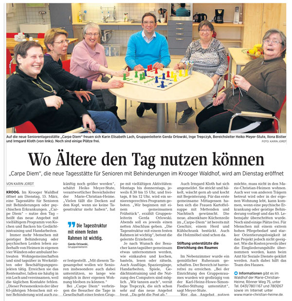 Howe-Fiedler-Stifung in: KN - 12. März 2016 - Wo Ältere den Tag nutzen können Howe-Fiedler-Stifung in: KN - 12. März 2016 - Wo Ältere den Tag nutzen können
